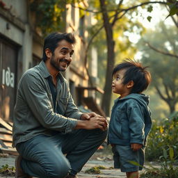 A scene depicting a heartfelt conversation between a kind-faced man and a young child in a run-down urban environment