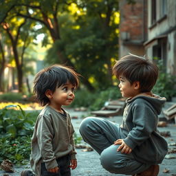 A scene depicting a heartfelt conversation between a kind-faced man and a young child in a run-down urban environment