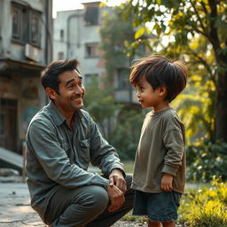 A scene depicting a heartfelt conversation between a kind-faced man and a young child in a run-down urban environment