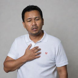 A 40-year-old Malay man, dressed in a white polo t-shirt, is standing while clutching at his chest in evident pain. His face displays anguish as he is in the throes of a heart attack, set against a neutral background.