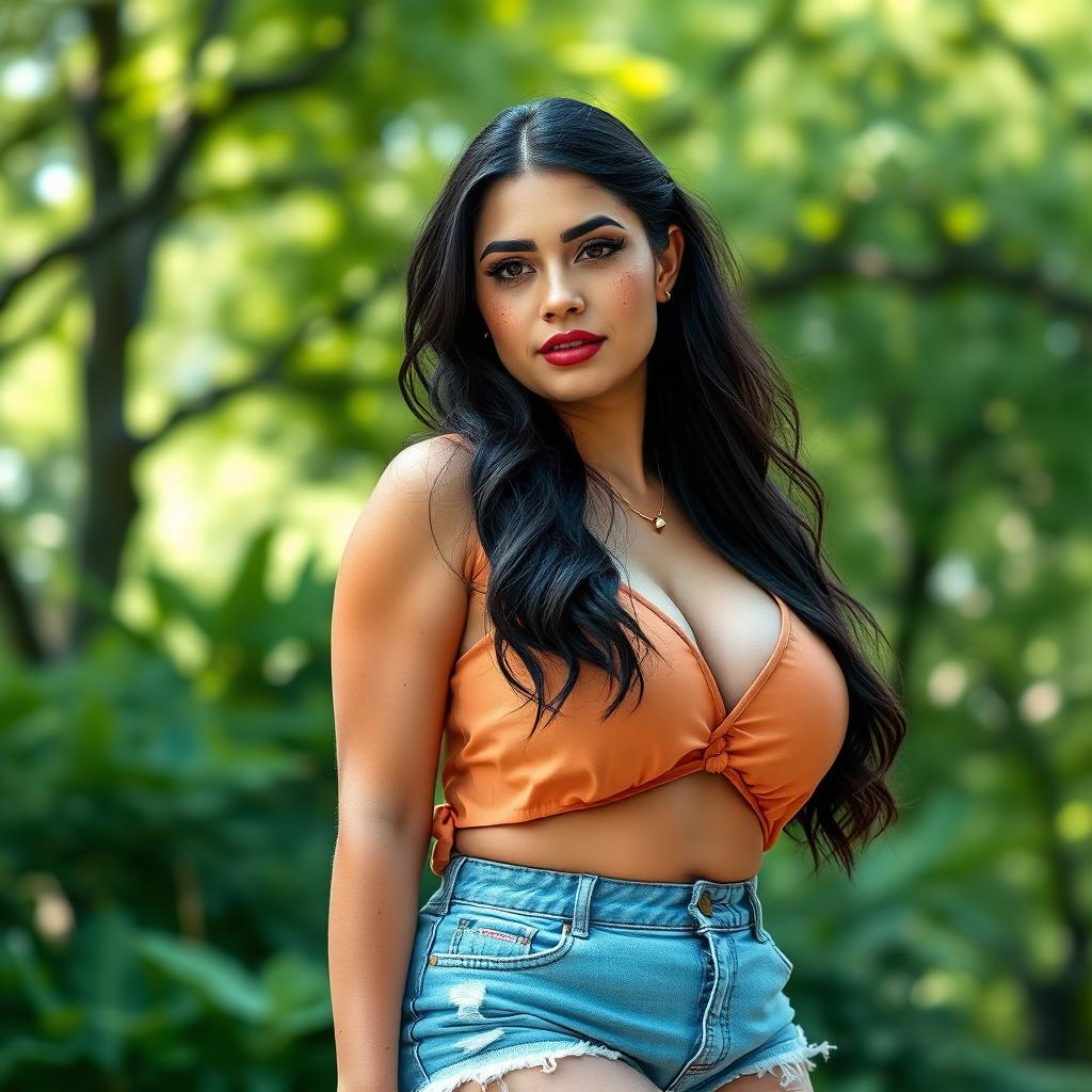 A realistic portrait of a curvy woman with long black hair and freckles, dressed in a summery top and fashionable shorts