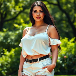 A realistic portrait of a curvy woman with long black hair and freckles, dressed in a summery top and fashionable shorts