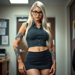 A captivating 18-year-old female teacher with an hourglass, muscular physique and a flat stomach, confidently posing sensually in front of an office