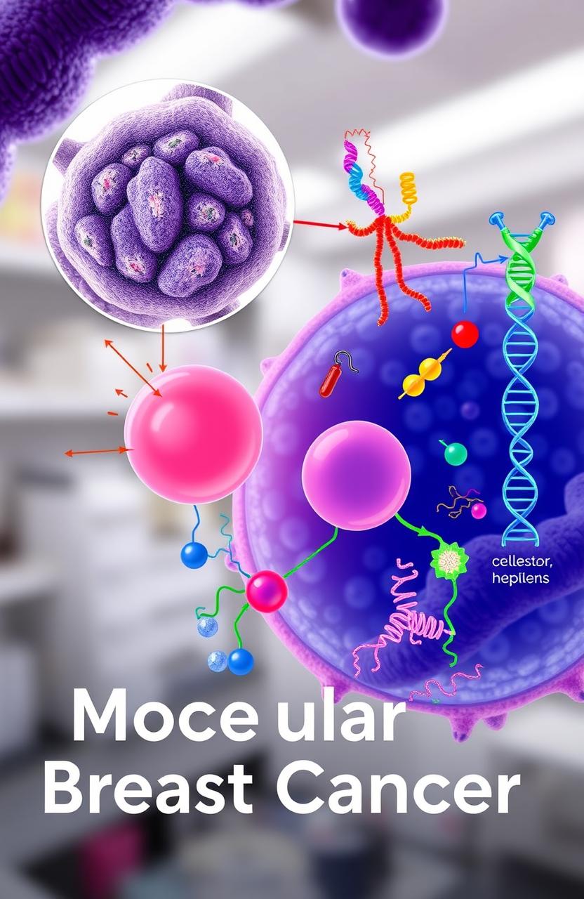 A detailed and educational illustration of molecular breast cancer, showcasing the cellular and molecular structure involved in the disease