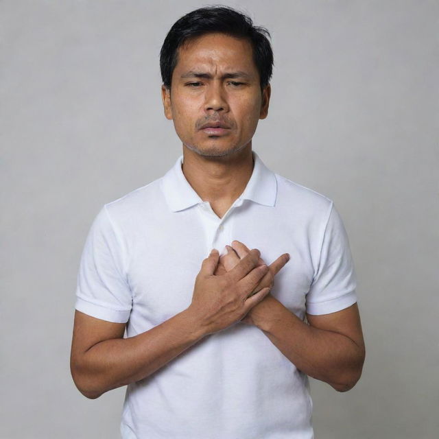 A 40-year-old Malay man, dressed in a white polo t-shirt, is standing while clutching at his chest in evident pain. His face displays anguish as he is in the throes of a heart attack, set against a neutral background.