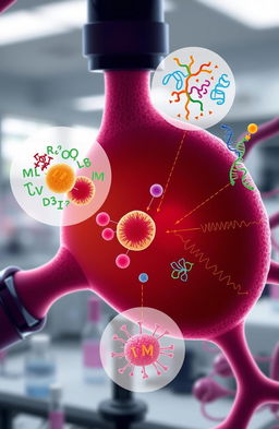 A detailed and educational illustration of molecular breast cancer, showcasing the cellular and molecular structure involved in the disease