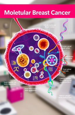 A detailed and educational illustration of molecular breast cancer, showcasing the cellular and molecular structure involved in the disease