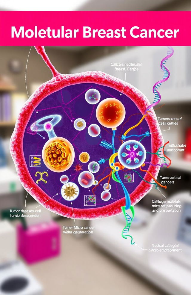 A detailed and educational illustration of molecular breast cancer, showcasing the cellular and molecular structure involved in the disease