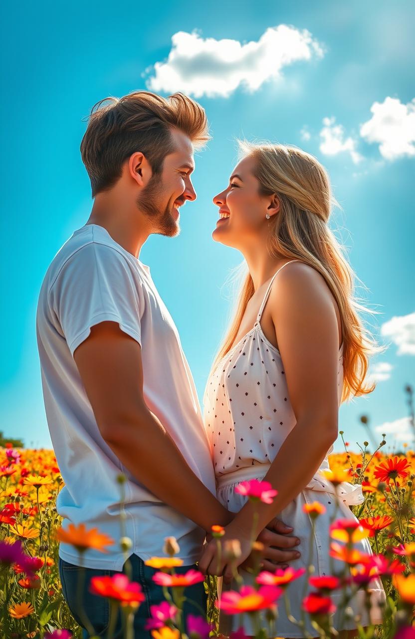 A beautiful depiction of love, with two people gazing into each other's eyes, standing in a field of vibrant wildflowers under a bright blue sky