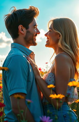 A beautiful depiction of love, with two people gazing into each other's eyes, standing in a field of vibrant wildflowers under a bright blue sky