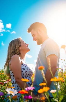 A beautiful depiction of love, with two people gazing into each other's eyes, standing in a field of vibrant wildflowers under a bright blue sky