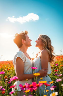 A beautiful depiction of love, with two people gazing into each other's eyes, standing in a field of vibrant wildflowers under a bright blue sky