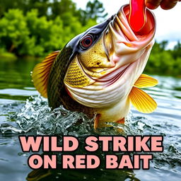 A dynamic close-up of a large bass fish aggressively attacking a red artificial fish lure in the water, showcasing thrilling action