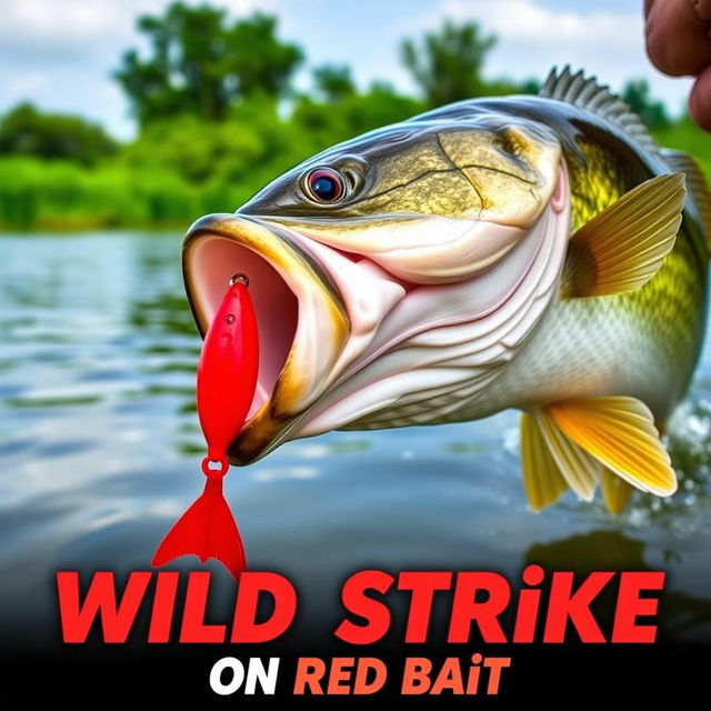 A dynamic close-up of a large bass fish aggressively attacking a red artificial fish lure in the water, showcasing thrilling action