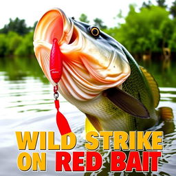 A dynamic close-up of a large bass fish aggressively attacking a red artificial fish lure in the water, showcasing thrilling action