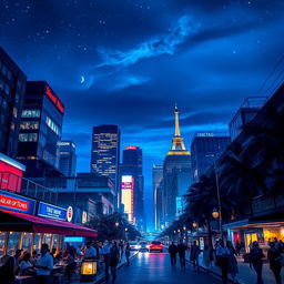 A vibrant blue night cityscape, illuminated by glowing streetlights and neon signs