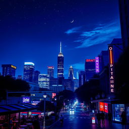 A vibrant blue night cityscape, illuminated by glowing streetlights and neon signs