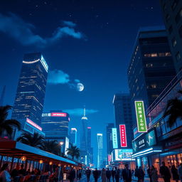 A vibrant blue night cityscape, illuminated by glowing streetlights and neon signs