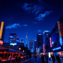 A vibrant blue night cityscape, illuminated by glowing streetlights and neon signs