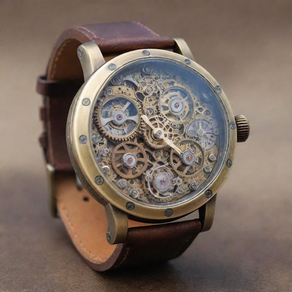 A steampunk style wristwatch. Its casing intricate bronze, boasting dials within dials, gears and cogs exposed. The watch band is made of aged leather, with tiny rivets and buckles, conveying the charm of antique machinery.