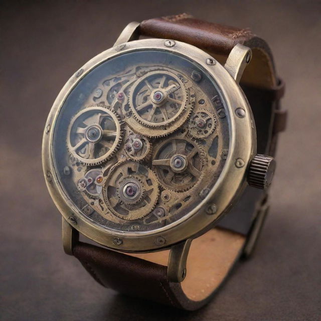 A steampunk style wristwatch. Its casing intricate bronze, boasting dials within dials, gears and cogs exposed. The watch band is made of aged leather, with tiny rivets and buckles, conveying the charm of antique machinery.