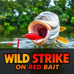 A thrilling close-up of a large bass fish in the act of attacking a vibrant red artificial fish lure in the water, capturing the excitement of the moment