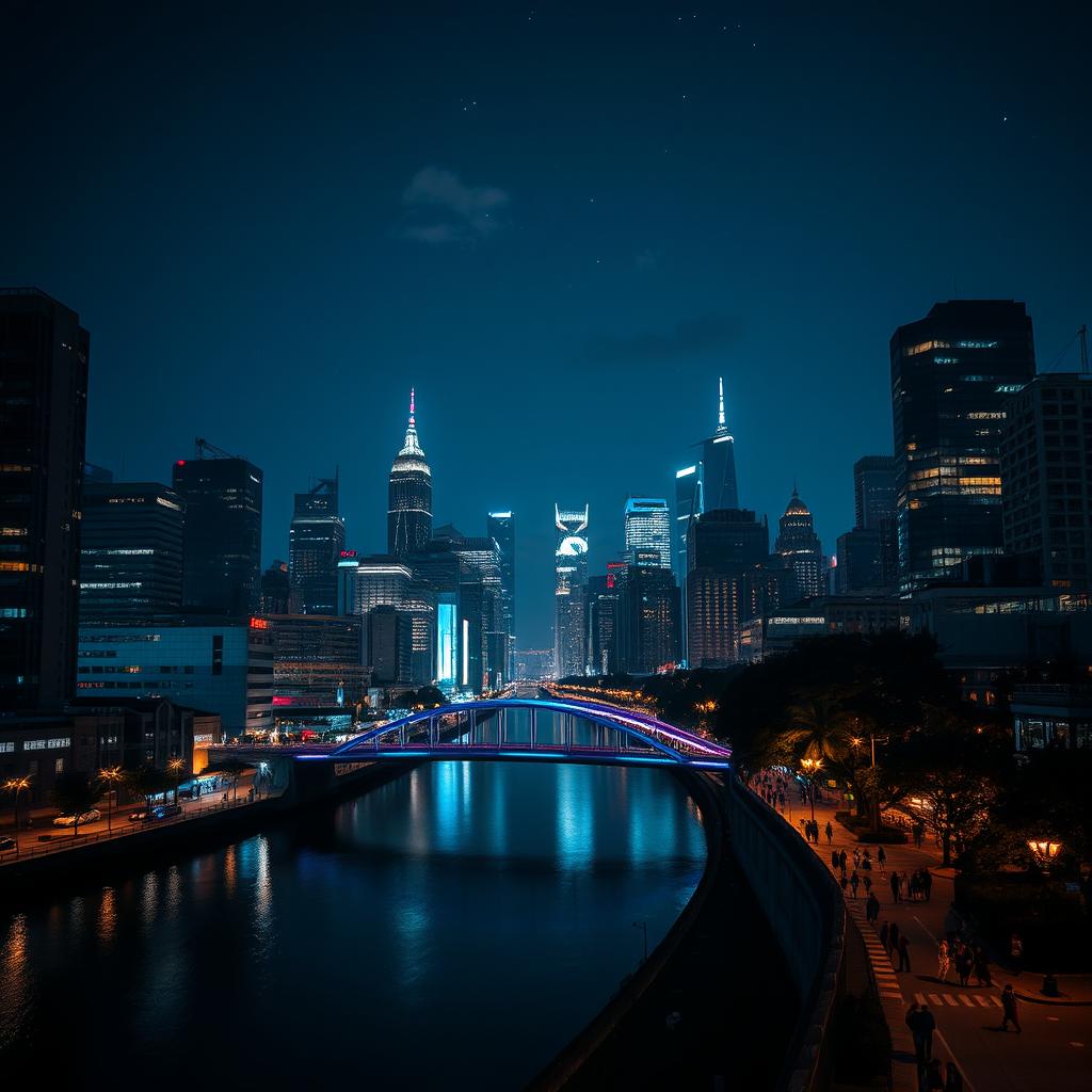 A stunning night scene of a cityscape bathed in deep blue hues