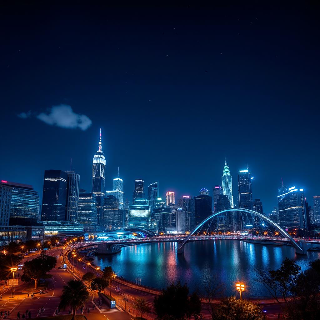 A stunning night scene of a cityscape bathed in deep blue hues