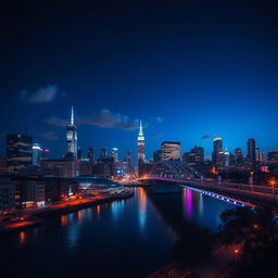 A stunning night scene of a cityscape bathed in deep blue hues