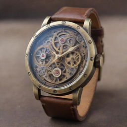 A steampunk style wristwatch. Its casing intricate bronze, boasting dials within dials, gears and cogs exposed. The watch band is made of aged leather, with tiny rivets and buckles, conveying the charm of antique machinery.