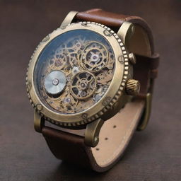 A steampunk style wristwatch. Its casing intricate bronze, boasting dials within dials, gears and cogs exposed. The watch band is made of aged leather, with tiny rivets and buckles, conveying the charm of antique machinery.