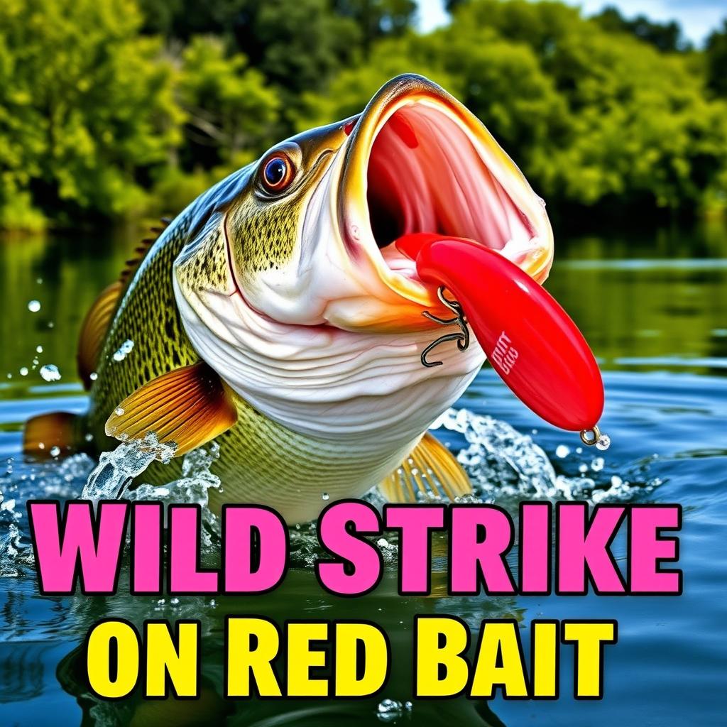 A dynamic close-up of a large bass fish in mid-attack on a vibrant red artificial fish lure, with water splashing around to emphasize the action