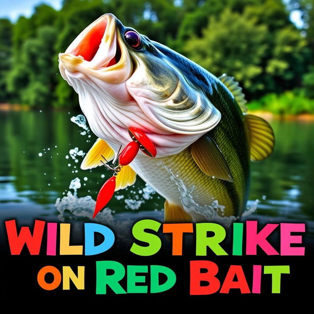 A dynamic close-up of a large bass fish in mid-attack on a vibrant red artificial fish lure, with water splashing around to emphasize the action