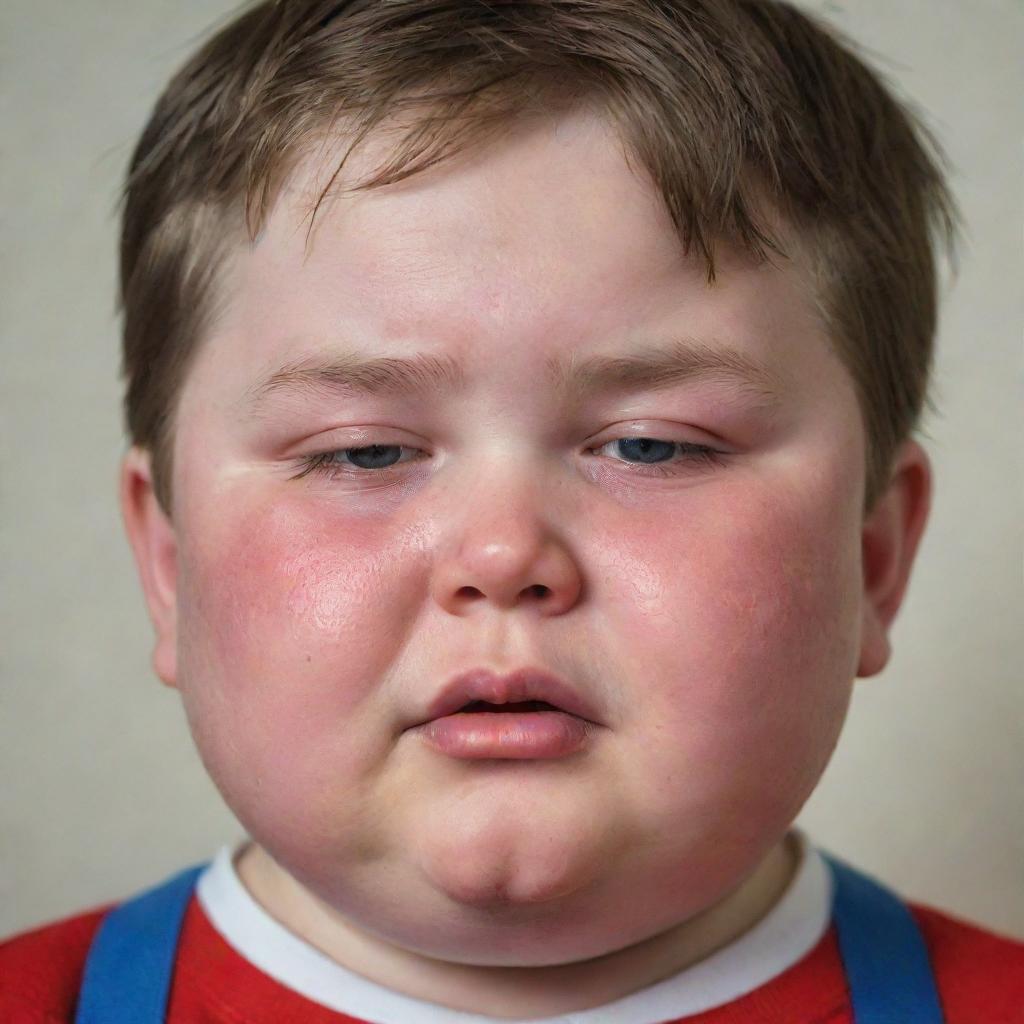 A chubby little boy with tears streaming down his rosy cheeks, appearing in a state of sadness.