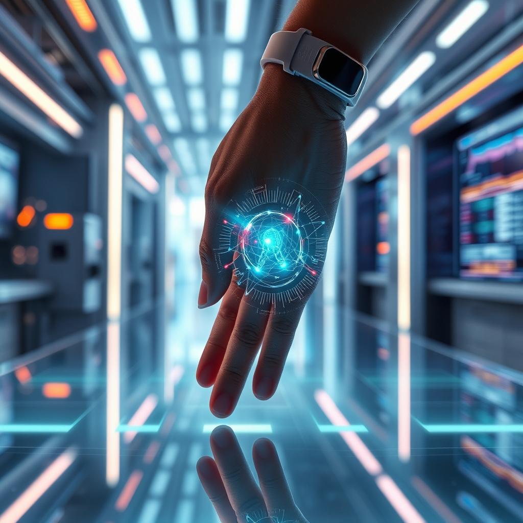 A futuristic scene depicting a hand gently holding a glowing, holographic AI interface