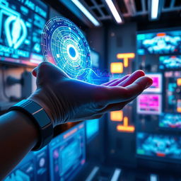 A futuristic scene depicting a hand gently holding a glowing, holographic AI interface