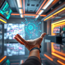 A futuristic scene depicting a hand gently holding a glowing, holographic AI interface