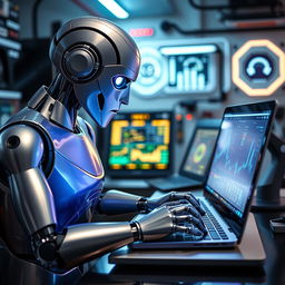 A sleek, humanoid robot with a metallic finish is intently typing on a modern laptop in a stylish, high-tech workspace