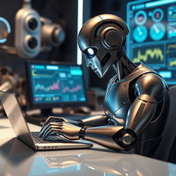 A sleek, humanoid robot with a metallic finish is intently typing on a modern laptop in a stylish, high-tech workspace