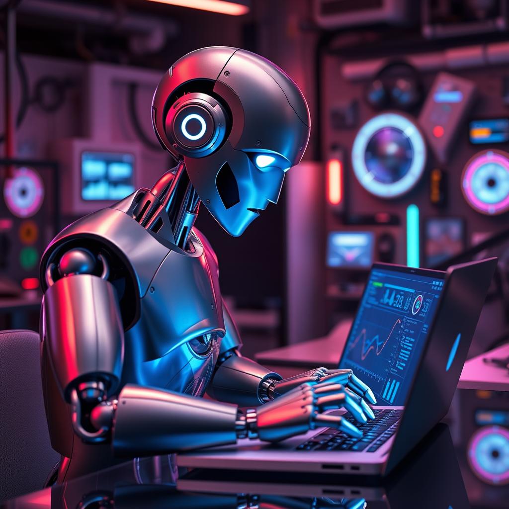 A sleek, humanoid robot with a metallic finish is intently typing on a modern laptop in a stylish, high-tech workspace