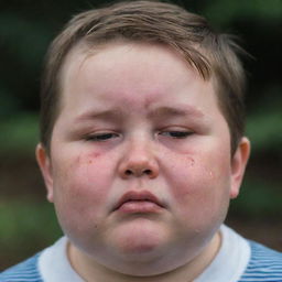 A chubby little boy with tears streaming down his rosy cheeks, appearing in a state of sadness.