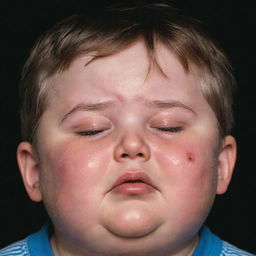 A chubby little boy with tears streaming down his rosy cheeks, appearing in a state of sadness.