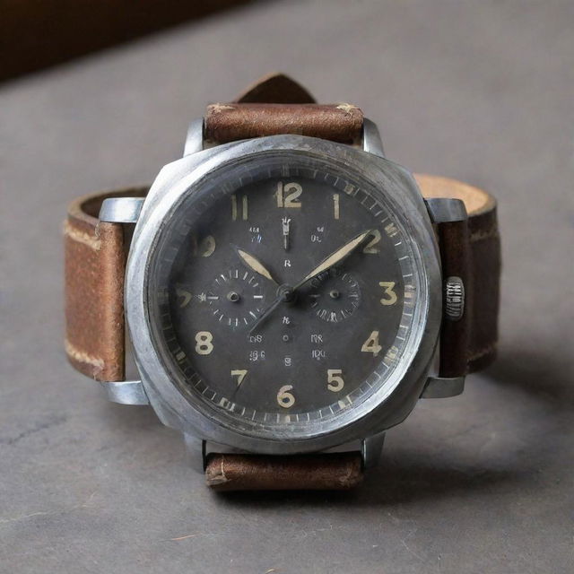 A dieselpunk style wristwatch, boasting a rugged, industrial aesthetic. Enclosed in a sturdy steel case with oversized hands and numerals mirroring 1940s aviation dials, meshed with futuristic elements, all attached to a sturdy leather strap.