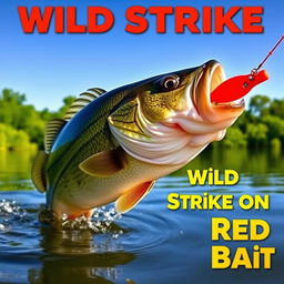 A close-up of a large bass fish energetically attacking a bright red artificial fish lure in the water, conveying a sense of action and excitement