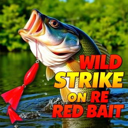 A close-up of a large bass fish energetically attacking a bright red artificial fish lure in the water, conveying a sense of action and excitement