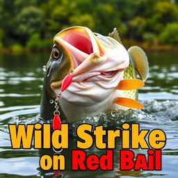 A close-up of a large bass fish energetically attacking a bright red artificial fish lure in the water, conveying a sense of action and excitement