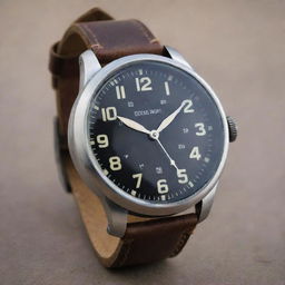 A dieselpunk style wristwatch, boasting a rugged, industrial aesthetic. Enclosed in a sturdy steel case with oversized hands and numerals mirroring 1940s aviation dials, meshed with futuristic elements, all attached to a sturdy leather strap.