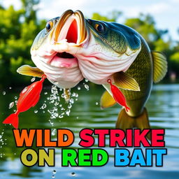 A captivating close-up of a large bass fish lunging towards a bright red artificial fish lure, depicting intense action as water droplets splash around