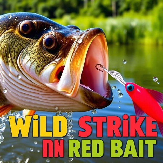 A captivating close-up of a large bass fish lunging towards a bright red artificial fish lure, depicting intense action as water droplets splash around