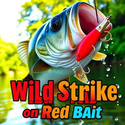 A captivating close-up of a large bass fish lunging towards a bright red artificial fish lure, depicting intense action as water droplets splash around